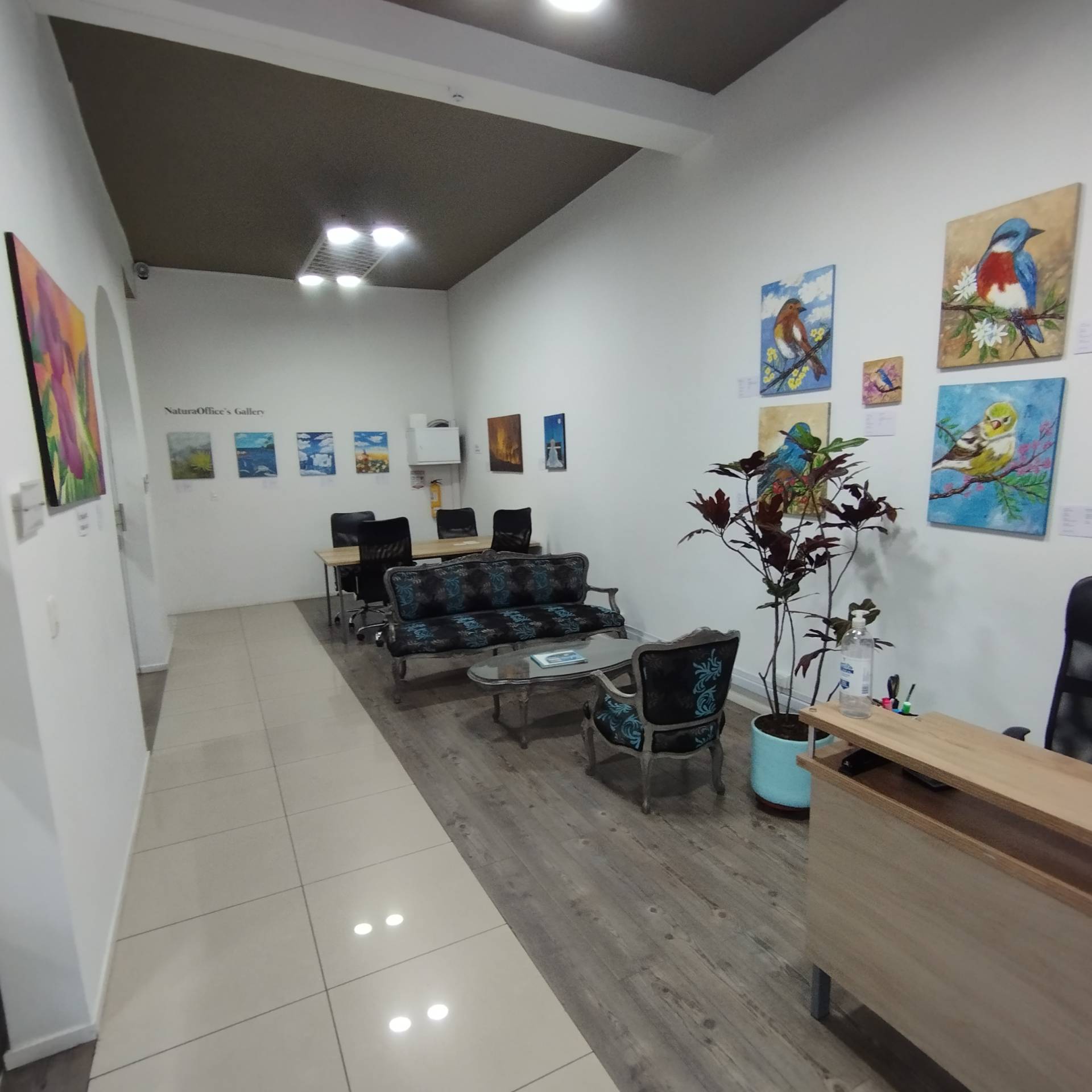 Sala de juntas cómoda y amueblada en NaturaOffice Coworking Cali, mesa para 8 personas, proyector, pizarra y sillas ergonómicas para reuniones profesionales en Valle del Cauca